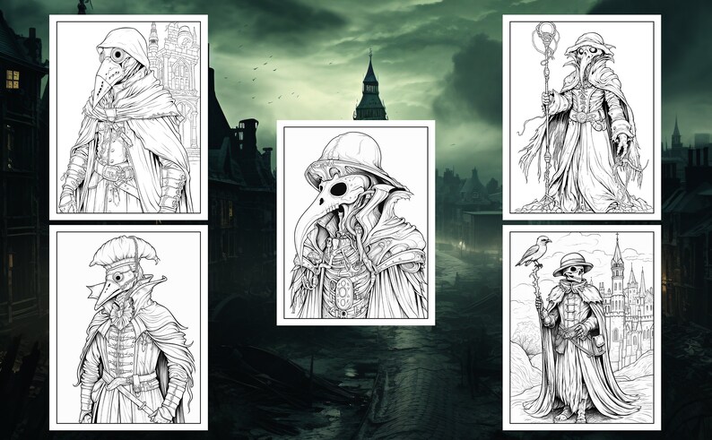 15 Plague Doctors Coloring Book Adult Coloring Pages, Grayscale Coloring, Instant Download, High ...
