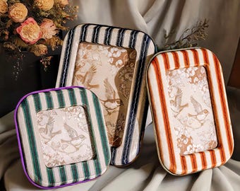 Vintage Bird Art Frame: Striped Velvet Photo Display, Handmade