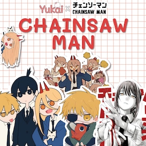 May include: A collection of anime-style character stickers featuring characters from the "Chainsaw Man" series. The stickers showcase various characters in different poses and outfits, with the series title prominently displayed in red.