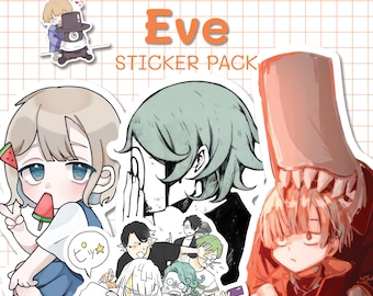 May include: A sticker pack featuring various illustrations of characters from the anime series "YukaixEve". The pack includes a sticker of a girl with a watermelon, a sticker of a character with green hair, and a sticker of a red monster with sharp teeth.