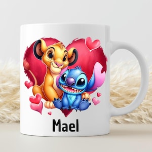 Spersonalizowany kubek Stitch i Roi Lion, kubek Stitch i Roi Lion z imieniem, spersonalizowane kubki ceramiczne, pomysł na cadeau