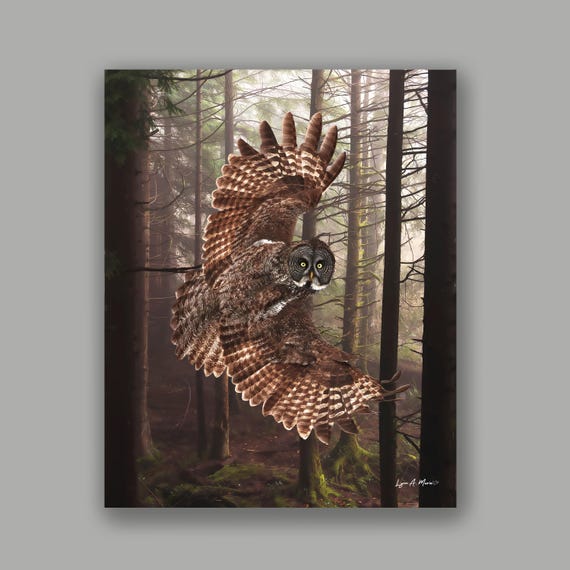 Great Gray Owl Vertical  Digital Art Print, Not AI, Archival Giclee Print, Artist Lynn A. Marie, Great Gift Idea