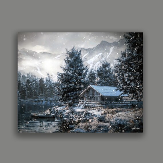 Mountain Cabin in Snow Art Print: Wildlife Landscape, Archival Paper, By Artist Lynn A. Marie