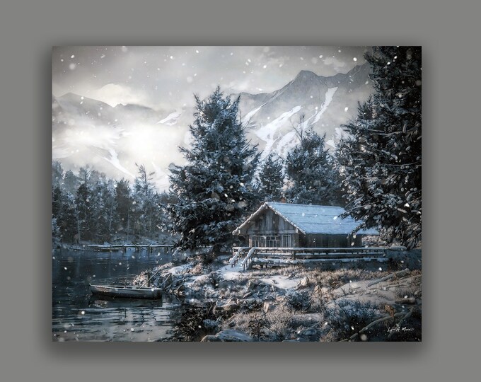 Mountain Cabin in Snow Fine Landscape Art Print By Artist Lynn A. Marie