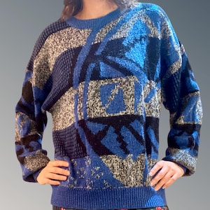 Saturdays Vintage 80s Blue, Black & Gray Retro Abstract Art Acrylic / Wool Knit Sweater - Unisex - Size Women’s Large