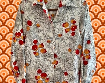 Floral Pattern Vintage 60s/70s Collared Long Sleeve Orange and Red Button Up Shirt - Size M