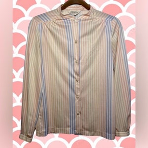 Vintage Devon Pastel Pink, Blue, and White Striped Long Sleeve Button-Up Shirt - Size Small