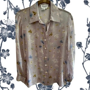 Due Per Due Collection 100% Silk Sheer Floral Vintage Long Sleeve Purple Button-Up - Size 8 (S/M)
