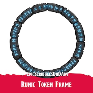 Puede incluir: Un marco de token rúnico circular gris oscuro con runas azules brillantes. El marco está hecho de segmentos individuales en forma de piedra. El texto "EPICSCRBBLES DND ART" y "RUNIC TOKEN FRAME" se muestran en una pancarta roja debajo.