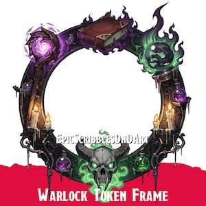 Puede incluir: Ilustración de un marco de ficha de brujo con una calavera, velas, pociones y una bola de cristal. El marco tiene el texto "Warlock Token Frame" y "EpicScribblesDnDArt". Los colores son morado, verde y marrón.