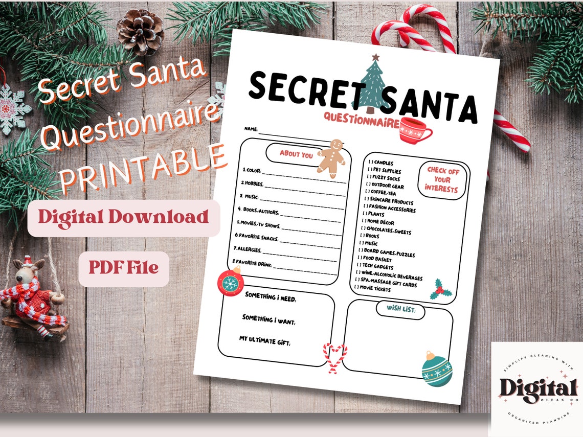 Printable Secret Santa Questionnaire, Christmas Party, Work Secret ...