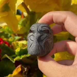 Könnte beinhalten: Eine kleine, graue, detaillierte, geschnitzte Steinskulptur eines Gesichts mit einer strukturierten Oberfläche.