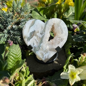 Druzy Moss Agate Heart Carving with Stand