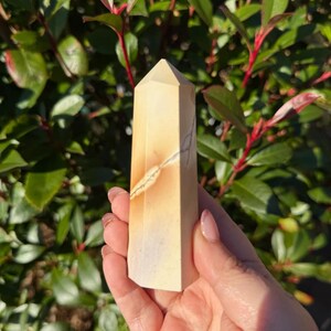 May include: A light beige crystal obelisk with a pointed top. The crystal has a natural pattern of light brown and white streaks. The obelisk is held in a hand against a backdrop of green foliage.