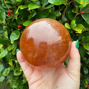Könnte beinhalten: Eine polierte, orangebraune Kugel, wahrscheinlich ein dekorativer Kristall oder Stein, wird in einer Hand gehalten. Die Kugel hat eine glatte, reflektierende Oberfläche. Der Hintergrund zeigt grünes Laub mit kleinen roten Beeren.