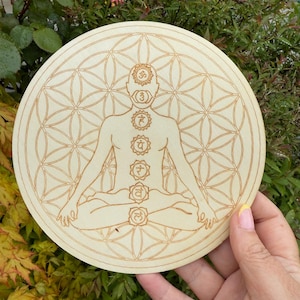 Op de afbeelding: Een ronde houten mandala met een levensbloemontwerp en een figuur van een persoon in een zittende meditatiehouding met zeven chakrasymbolen. De chakras zijn gelabeld met Sanskriet-symbolen.