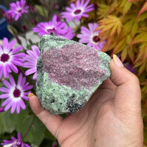 Może przedstawiać: Surowy, zielony i różowy kamień szlachetny z ciemnoszarą żyłą. Kamień jest trzymany w dłoni na tle fioletowych kwiatów.