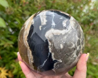Peut inclure: Une grande sphère polie en agate noire et blanche. La sphère a un aspect naturel et organique avec une variété de textures et de motifs.