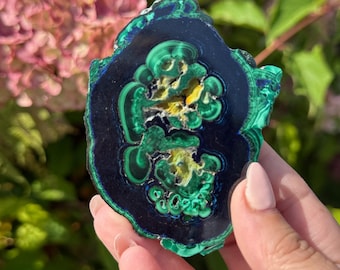 Puede incluir: Una losa pulida de mineral de malaquita y azurita con bandas concéntricas de color azul profundo y verde vibrante, con un grupo central de formaciones cristalinas amarillas. La piedra tiene un borde exterior oscuro y una forma natural irregular.