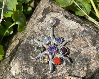 Silver Chakra Sun Pendant with Faceted Stones