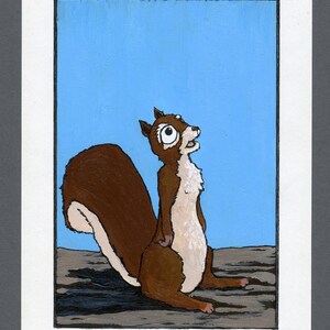 Gift for squirrel lovers - Mixed media painting of a cartoon squirrel looking up