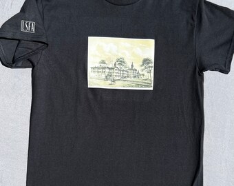 May include: Black t-shirt with a vintage image of a building printed on the front. The image is in sepia tones and shows a large building with a lawn in front of it. The text "LSFA" is printed on the left sleeve.