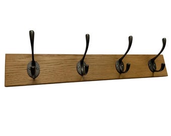 Solid Oak Coat Rack Antique Style Double Hooks Wall Mounted Brown Antique Wax Finish