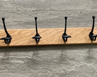 Solid Oak Coat Rack Antique Style Black Bowler Hooks Wall Mounted