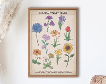 Impression de la flore de Stardew Valley, joueur confortable, fleurs de Pelican Town, art botanique vintage