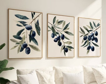 Olive branch, black olives, watercolor picture, set of 3 pictures, kitchen poster, wall pictures for the Mediterranean living room, olive pictures