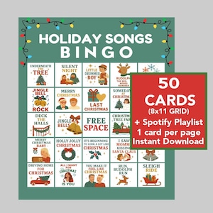 Könnte beinhalten: Ein grünes und weißes Holiday Songs Bingo-Spiel mit weihnachtlichen Illustrationen und Songtiteln. Enthält eine rote Karte mit dem Text "50 KARTEN (8x11 GRID) + Spotify-Playlist 1 Karte pro Seite Sofort-Download."