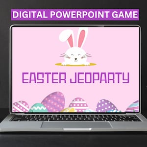 May include: A laptop computer screen displaying a digital PowerPoint game called "Easter Jeopardy". The screen has a pink background with a white bunny rabbit peeking over the top. The game title is in purple text. The bottom of the screen has a row of colourful Easter eggs.