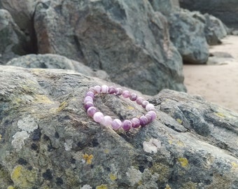 Dream Amethyst Bracelet , 8 mm beads stretchable cord , wonderful Purple / Dark , Mauve  and white layers, Calming Gemstone, Wealth, For Her
