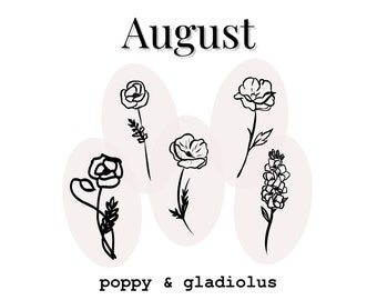 Augustus geboortemaand bloemboeket, klaproos gladiolen bloemen clipart (SVG, PNG)