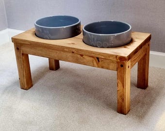Handmade Bespoke wooden raised dog bowl pet feeder stand with Ceramic Bowls
