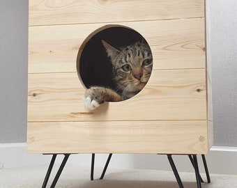 CAT CAVE Cat Bed Cat House made of solid pine wood for pets to sleep and play