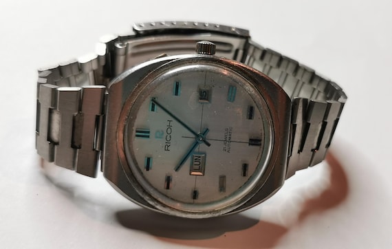 Vintage Ricoh Automatic Day-Date Watch, 21 Jewels, Men's Stainless Steel Bracelet, Mechanical Japanese Watch, Retro Wristwatch