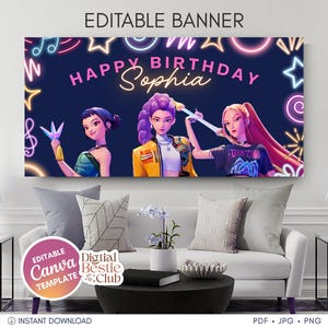 KPop Demon Hunter Birthday Banner | Editable Canva Template | Kpop Anime Party Decor | Digital Download | Printable Birthday Sign for Kids