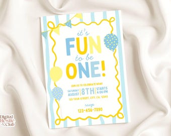 Invitación de cumpleaños "Fun to Be One", plantilla colorida para primer cumpleaños, editable e imprimible en Canva, descarga digital para niños y niñas.