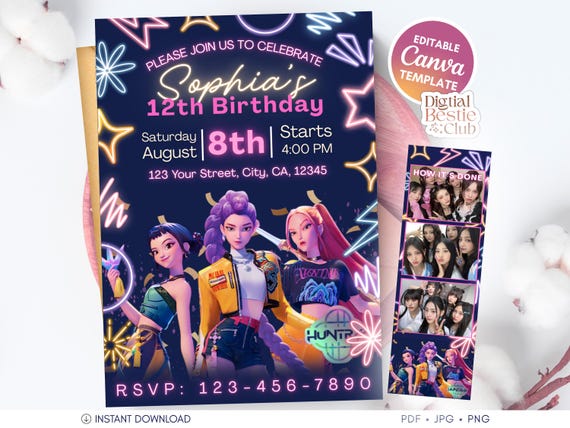 10 Cartes D'invitation Anniversaire à Gratter – Thème Kpop Demon Hunter – Style Néon Fluorescent – Avec Enveloppes – Idée Originale Fête Karaoké - 3