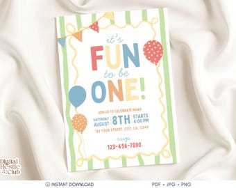 Fun to Be One Birthday Invitation, Colorful First Birthday Invite Template, Editable Canva Printable, Digital Download for Boys and Girls