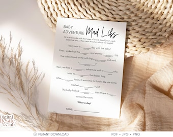 Babyäventyr Mad Libs-spel, roligt babyshower-spel, utskrivbart minimalistiskt könsneutralt babyshower-spel, redigerbart mall, direktnedladdning