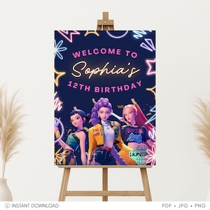 May include: A navy blue birthday sign on an easel, featuring three animated figures and the text "WELCOME TO Sophia's 12TH BIRTHDAY" in pink and white. The design includes neon-style accents and a dark background.