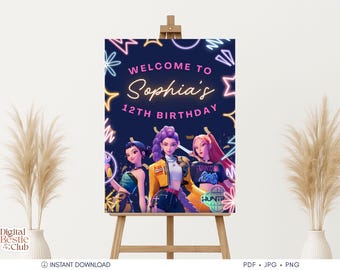 Może przedstawiać: Granatowy znak urodzinowy na sztaludze, z trzema animowanymi postaciami i napisem "WELCOME TO Sophia's 12TH BIRTHDAY" w kolorze różowym i białym. Projekt zawiera neonowe akcenty i ciemne tło.