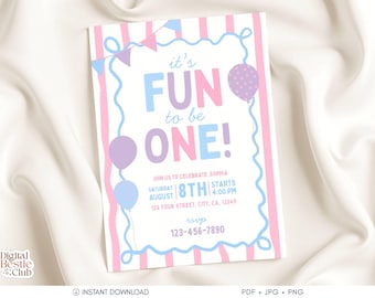 Girly Fun to Be One Birthday Invitation, Colorful First Birthday Invite Template, Editable Canva Printable, Digital Download for Girls