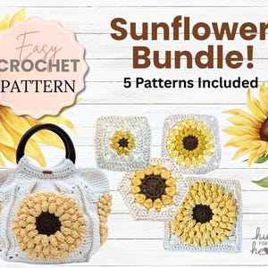 Paquete de patrones de girasoles a crochet (PDF): 4 patrones cuadrados de girasol + bolso extragrande de girasol. Patrones fáciles de crochet con fotos y diagramas.