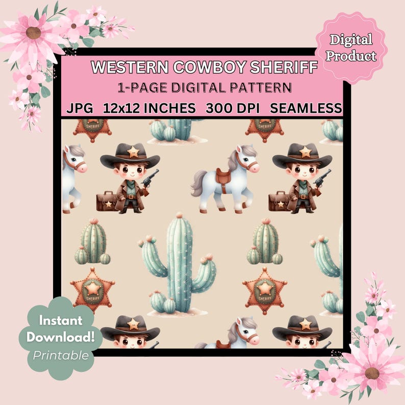 Western Cowboy Sheriff Seamless Pattern Horse Beige Digital Download ...