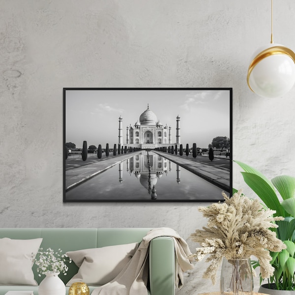 Schwarz-Weiß Bild des Taj Mahal - Urlaubserinnerung Sehenswürdigkeit Indien (A053)