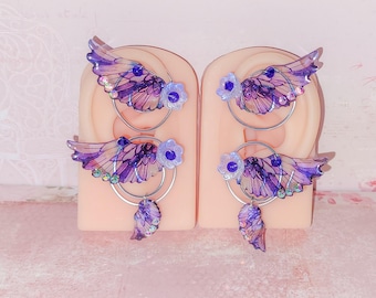 Angel Ear Cuffs "Seraphim" (1 pair) made of silver wire, resin angel wings, glass beads (flowers, trapezoidal), handmade
