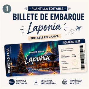 Lapland Boarding Pass Printable | Billete de Viaje Laponia | Editable Canva Template | Digital Download